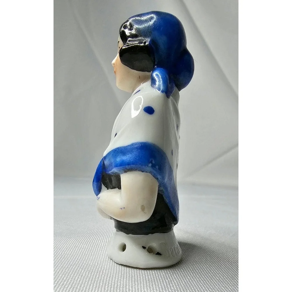 German Art Deco Porcelain Pin Cushion Half Doll, Blue Polka Dot Shawl Head Scarf